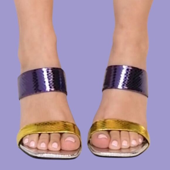 Cathy Din Faux Snake Skin Print Sandals Womens Metallics Purple Gold  Sz 6.5 - Picture 1 of 15